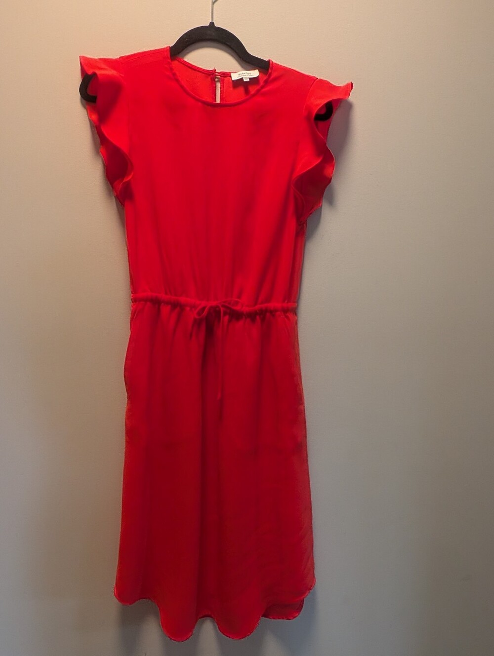 Babaton Aritzia Dress XS Bright Red Flutter Sleeve Drawstring Waist Pockets - Picture 2 of 7